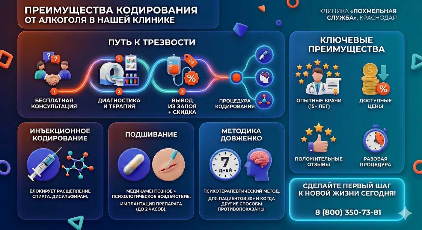 Инфографика о методах кодирования от алкоголя в Тюльгане: инъекции, подшивание, метод Довженко. Преимущества клиники и этапы лечения.